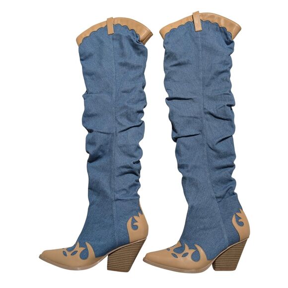 Fashion Nova Women's 5.5 Thigh High Blue Jean Boots Faux Leather Over The Knee - Picture 3 of 8